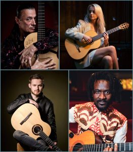 Four musicians holding guitars