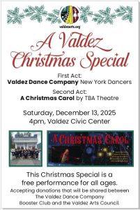 A Valdez Christmas Special poster describing a performance with dancers and the play A Christmas Carol