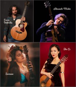 4 musicians holding guitars